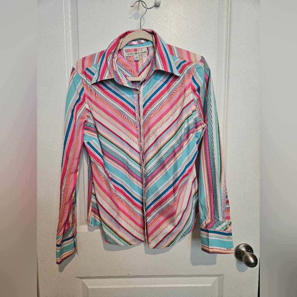 Tommy Hilfiger pink and blue button up top size L